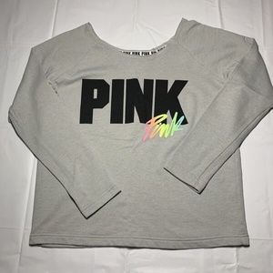 Victoria's Secret PINK Gray Black Retro Off Shoulder Light Sweatshirt Top Small